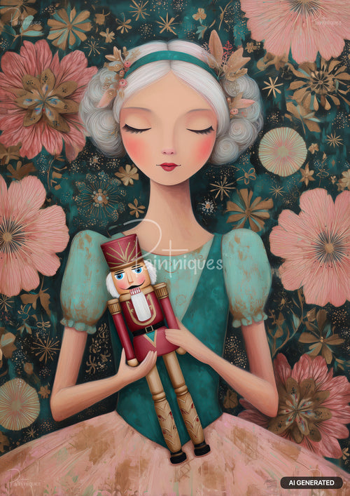 Stylized girl with white hair, closed eyes, holding a nutcracker, against a background of teal, pink, and gold flowers.