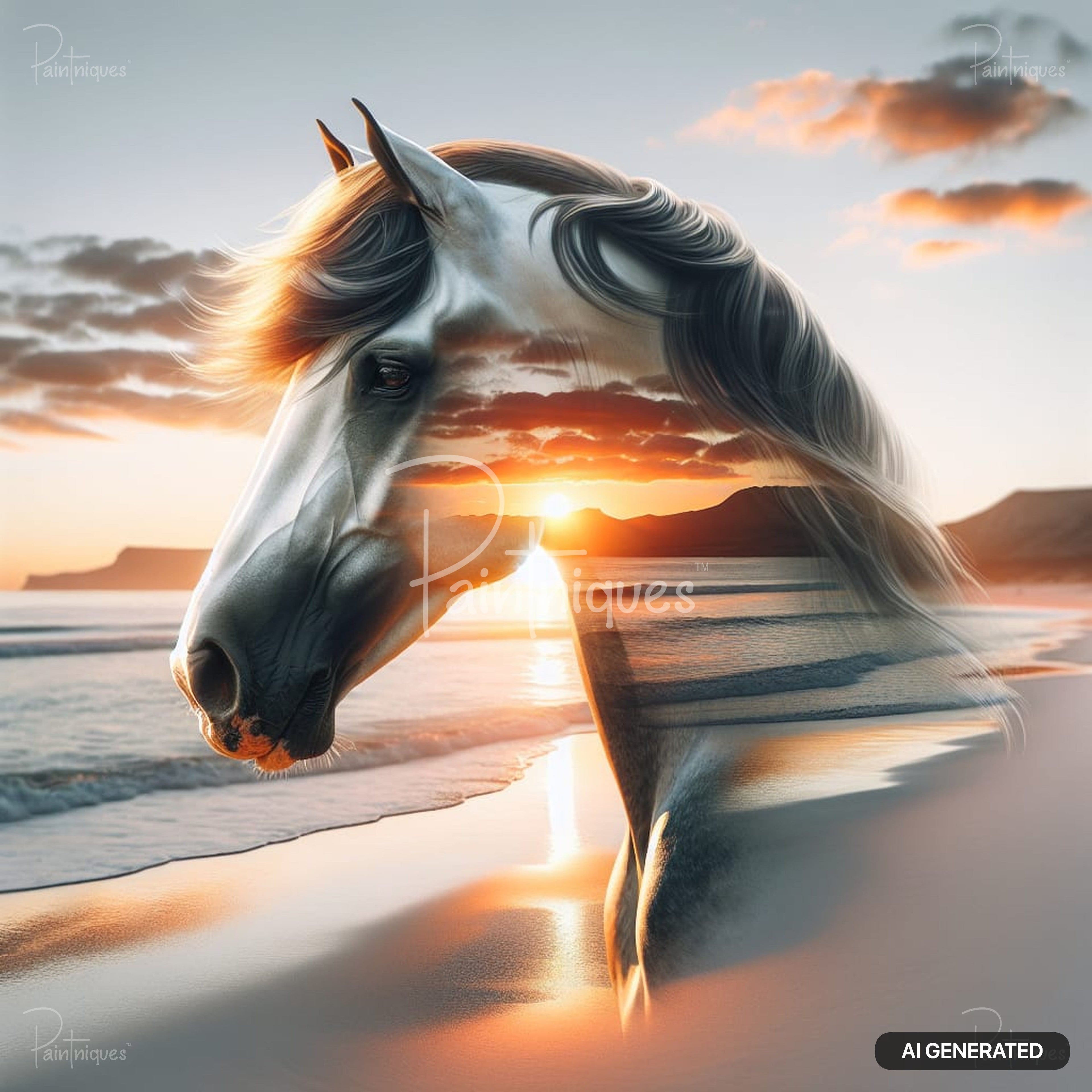 Double exposure image of a horse's head with a sunset beach scene, including ocean waves and distant mountains.