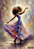 Textured painting of a woman with curly hair twirling in a swirling, colorful dress and red heels.