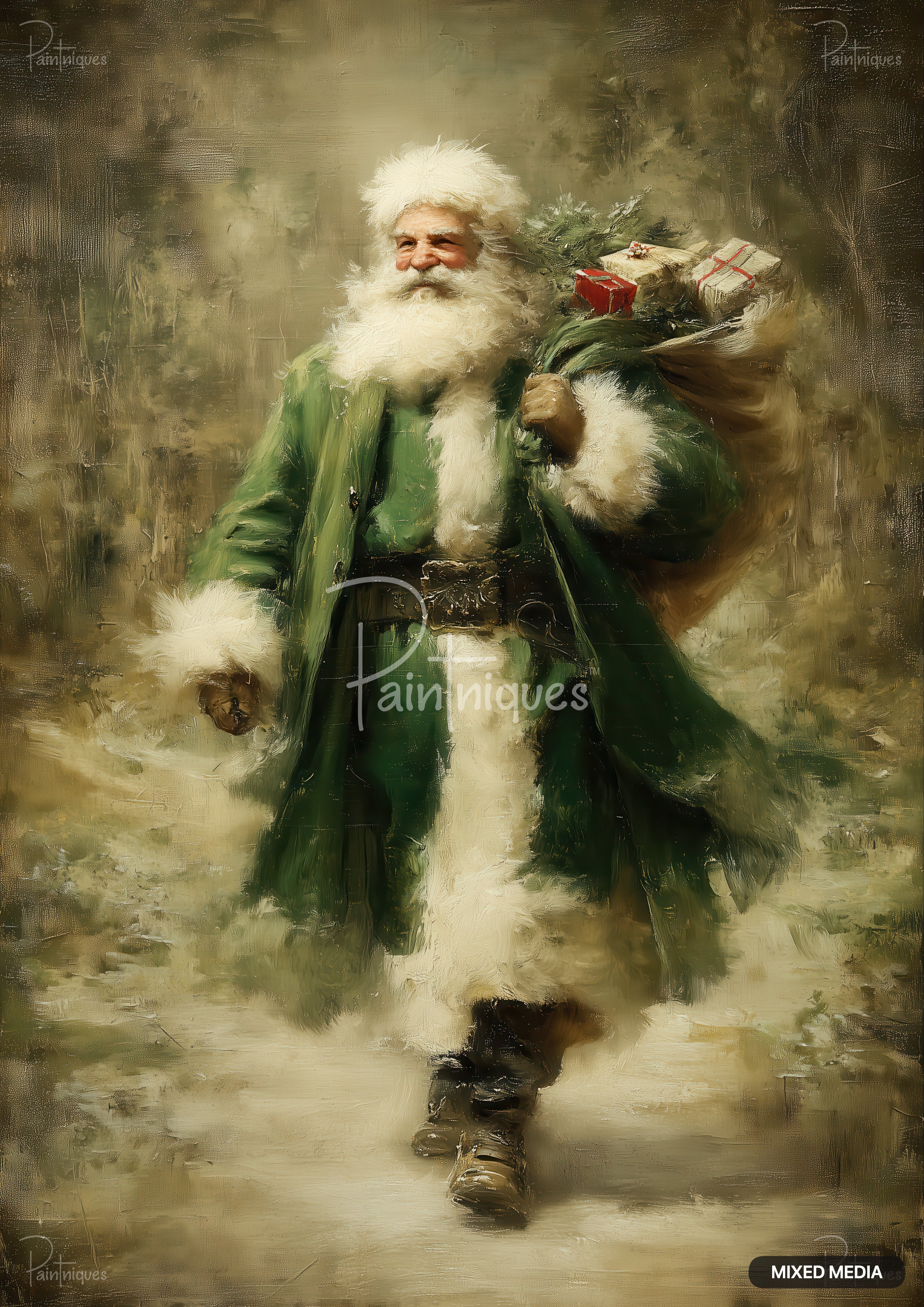 An oil painting of Santa Claus in a green coat with white fur trim, carrying a sack of presents.
