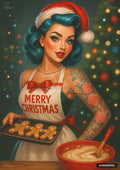 Retro pin-up woman with teal hair and a Santa hat holds a tray of gingerbread cookies by a Christmas tree.