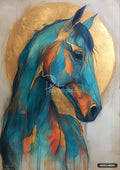 An abstract painting of a horse's head and neck, predominantly turquoise with splashes of orange and gold.