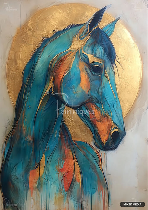 An abstract painting of a horse's head and neck, predominantly turquoise with splashes of orange and gold.