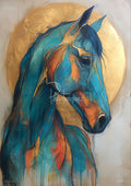 Stylized teal and orange horse with a textured gold circular halo on a pale background