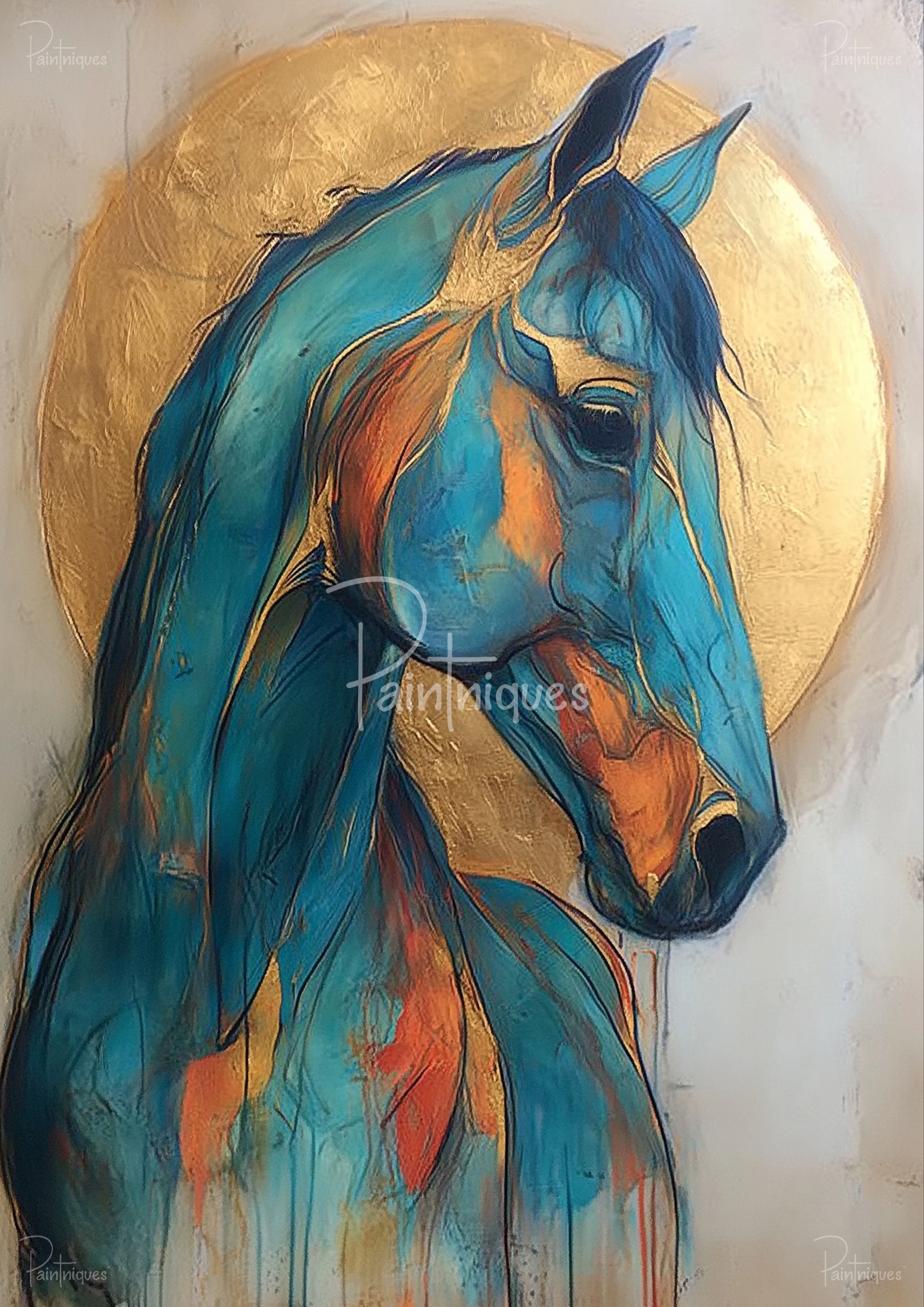 Stylized teal and orange horse with a textured gold circular halo on a pale background