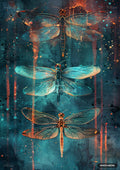 Three dragonflies, with blue and orange wings, on a painterly blue background with orange and black splatters.