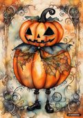 Watercolor painting of two stacked jack-o'-lanterns, with autumn leaves, on an ornate, swirly background.