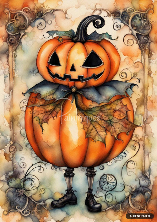Watercolor painting of two stacked jack-o'-lanterns, with autumn leaves, on an ornate, swirly background.
