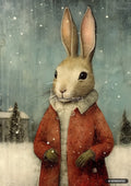 Painting of a rabbit in a red coat and olive green gloves, standing in falling snow with a snowy house and trees.