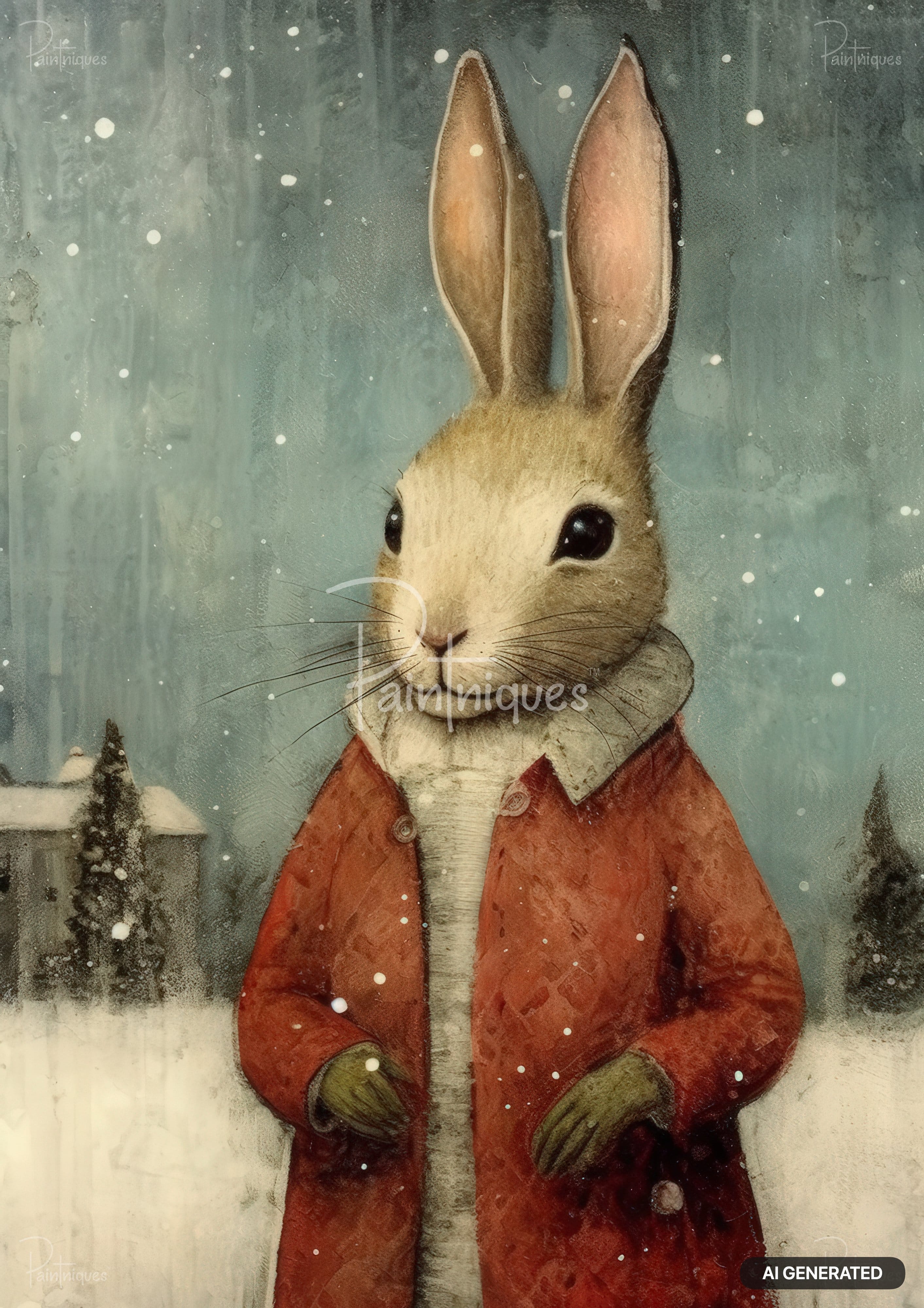 Painting of a rabbit in a red coat and olive green gloves, standing in falling snow with a snowy house and trees.