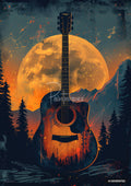 Acoustic guitar with a landscape and full moon reflected on its body. Orange and dark blue colors fill the scene.