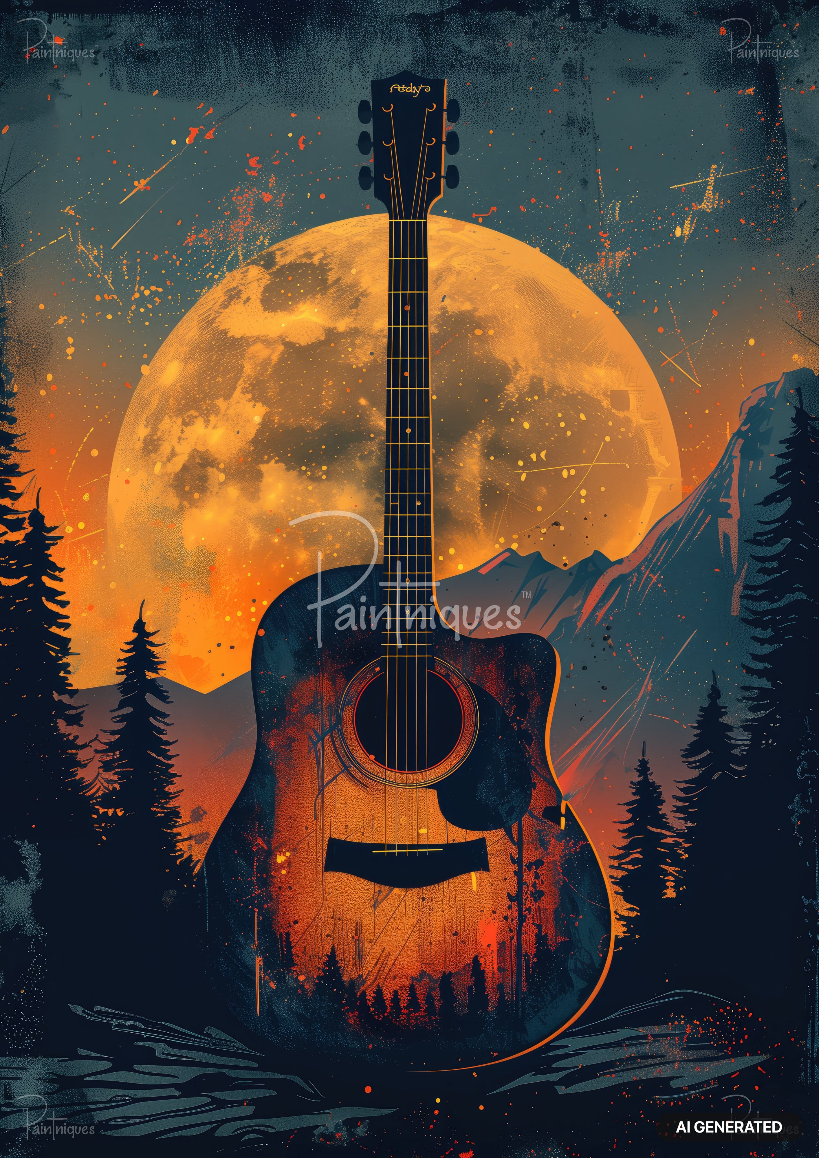 Acoustic guitar with a landscape and full moon reflected on its body. Orange and dark blue colors fill the scene.
