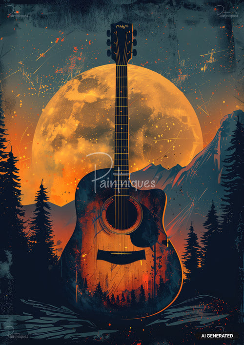 Acoustic guitar with a landscape and full moon reflected on its body. Orange and dark blue colors fill the scene.