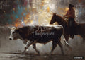 Painted scene of a cowboy on a horse driving a large steer. Abstract background with warm orange and cool blue tones.