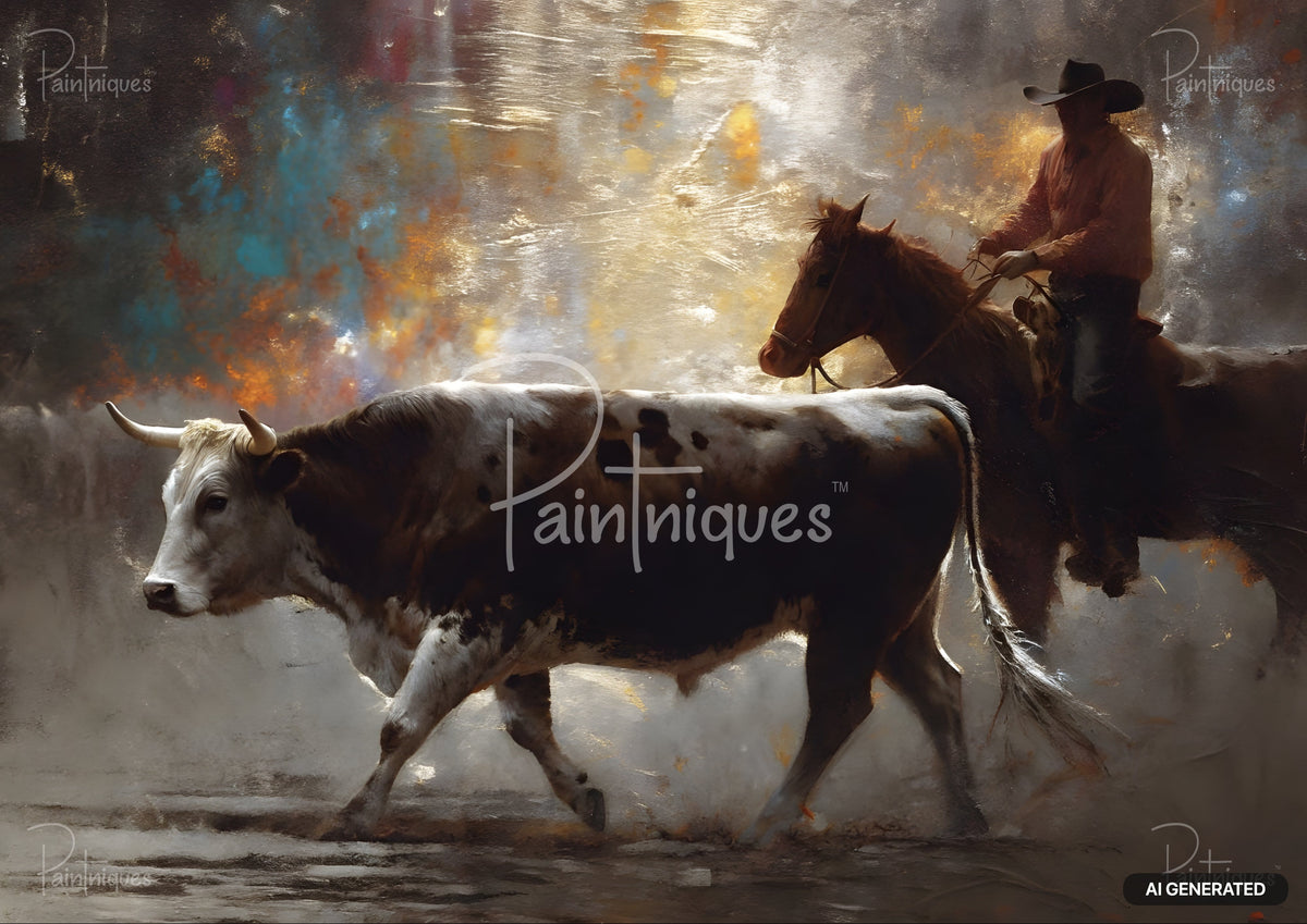 Painted scene of a cowboy on a horse driving a large steer. Abstract background with warm orange and cool blue tones.