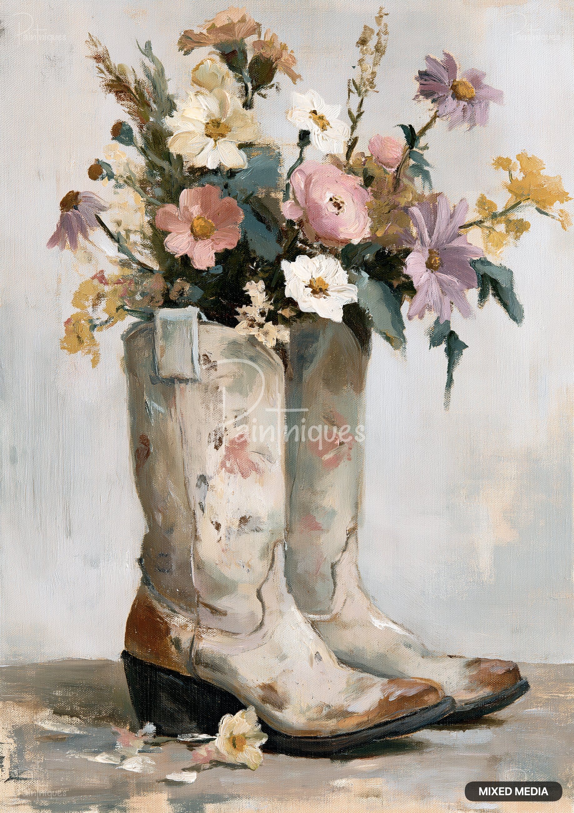 Oil painting of a bouquet of white, pink, and purple flowers spilling out of two light-colored cowboy boots.