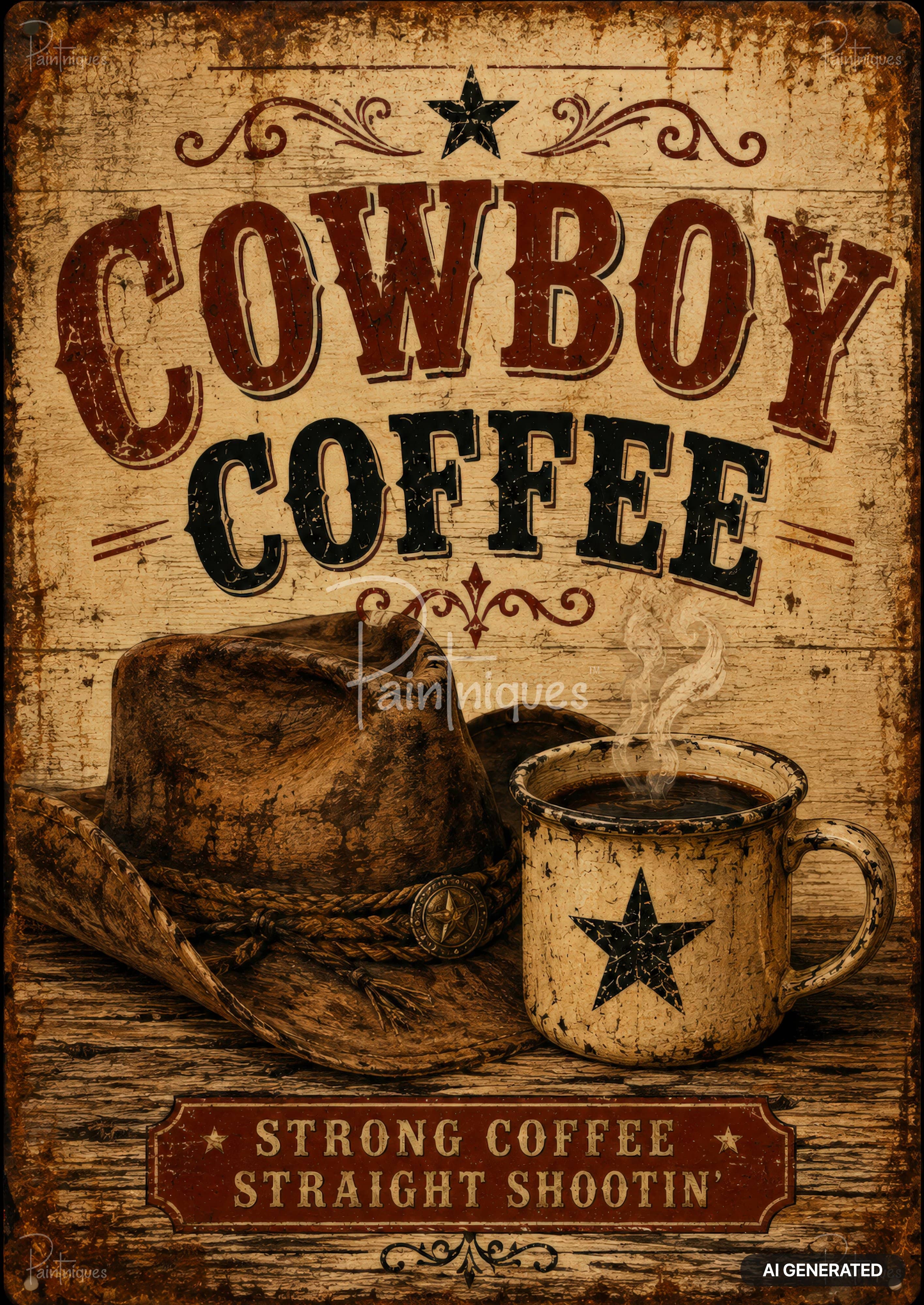 Vintage sign with "COWBOY COFFEE" text, a cowboy hat, and a steaming mug with a black star, on distressed wood.