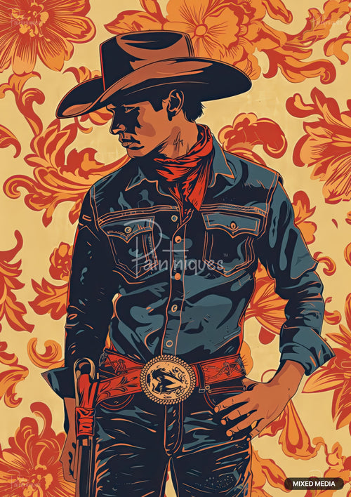 A pop art cowboy wearing a hat, red bandana, and jean jacket against a floral background.