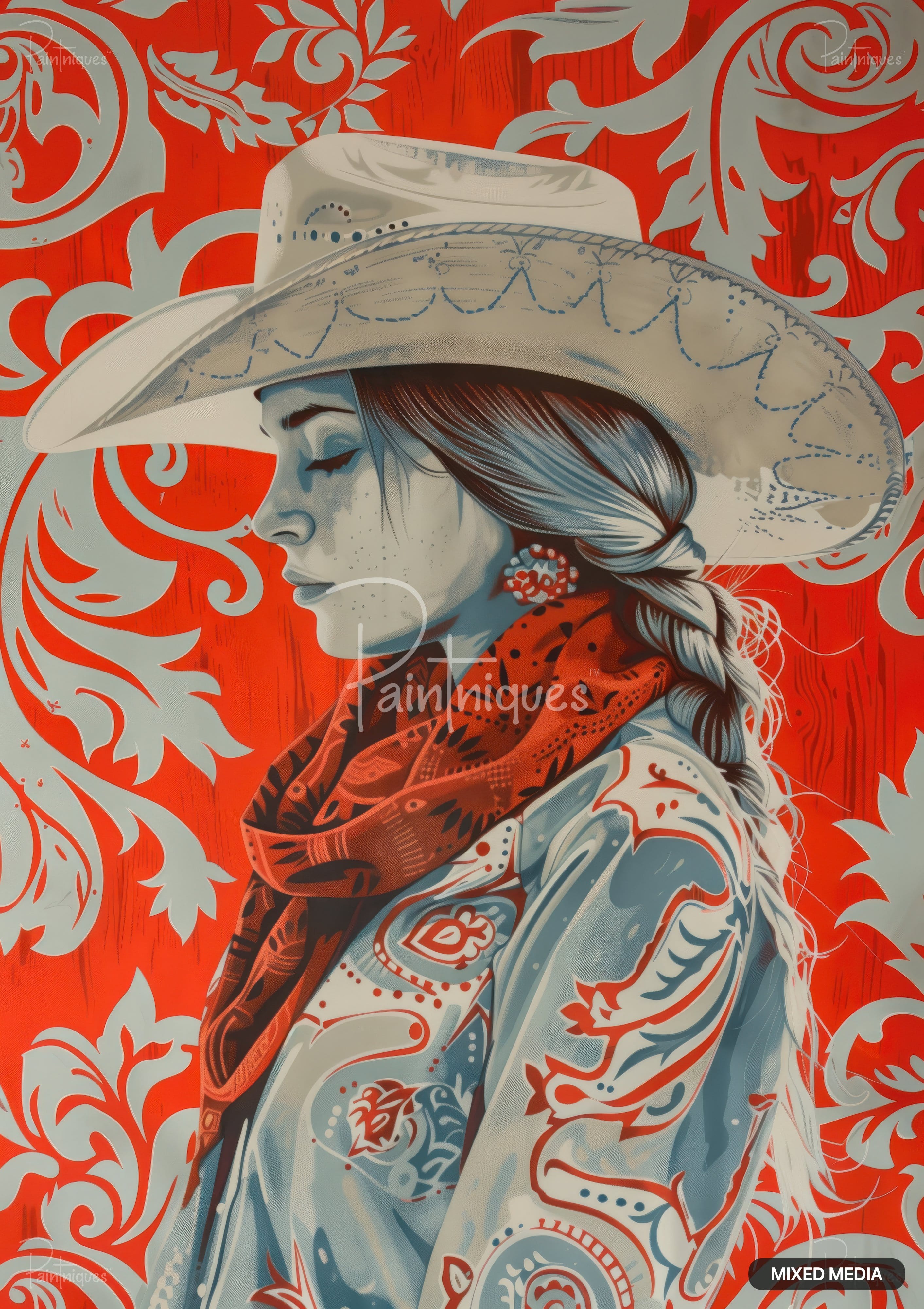 A woman in a cowboy hat and patterned bandana with braids, against a red and gray damask background.