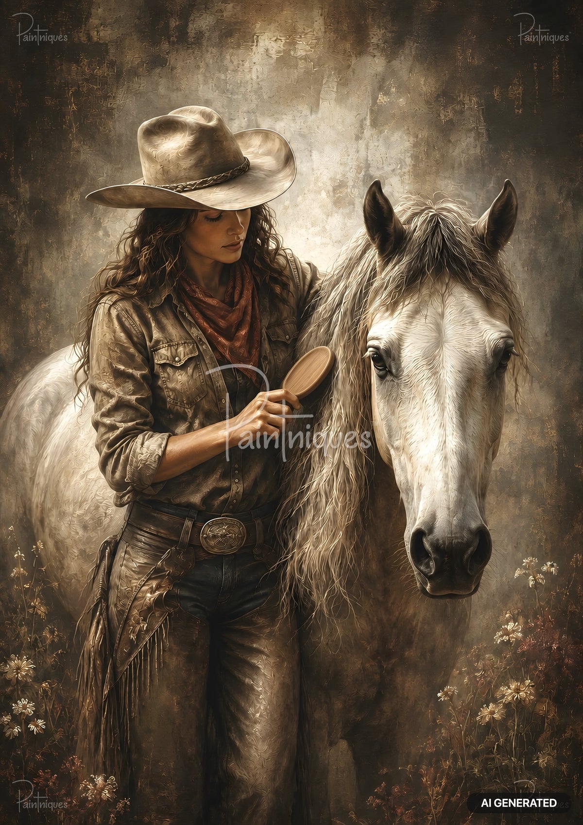Cowgirl in a hat brushing a white horse, both rendered in a textured, painterly style.