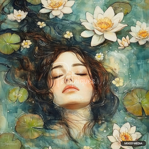 A watercolor painting of a woman with long dark hair floating in water, surrounded by white water lilies and pads.