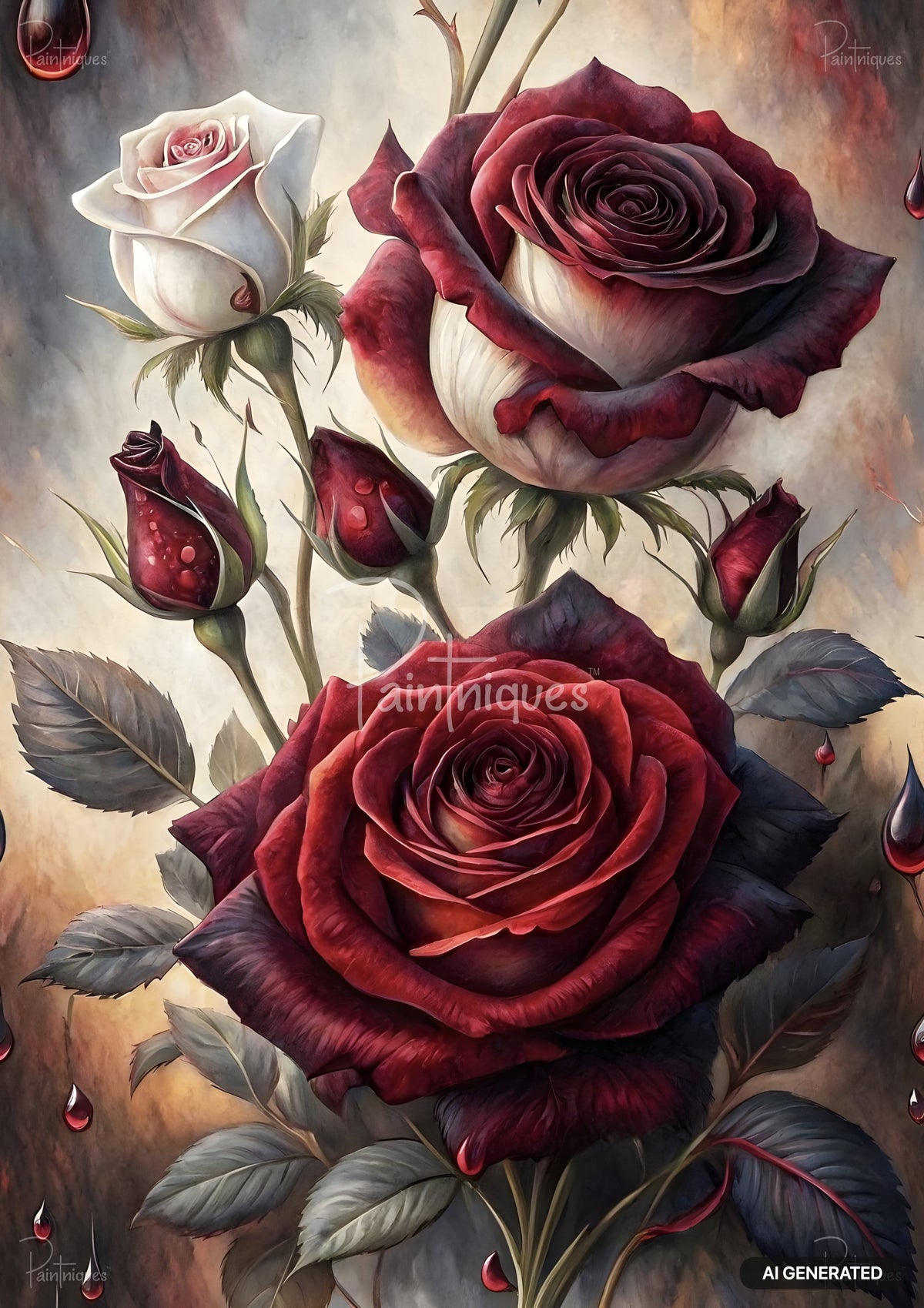 Painting of dark red roses and buds with gray-green leaves, one white-pink rose, and red teardrop accents.