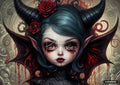 A gothic female elf-like figure with horns, red roses, red liquid dripping from eyes & wing-like ears, & black armor.