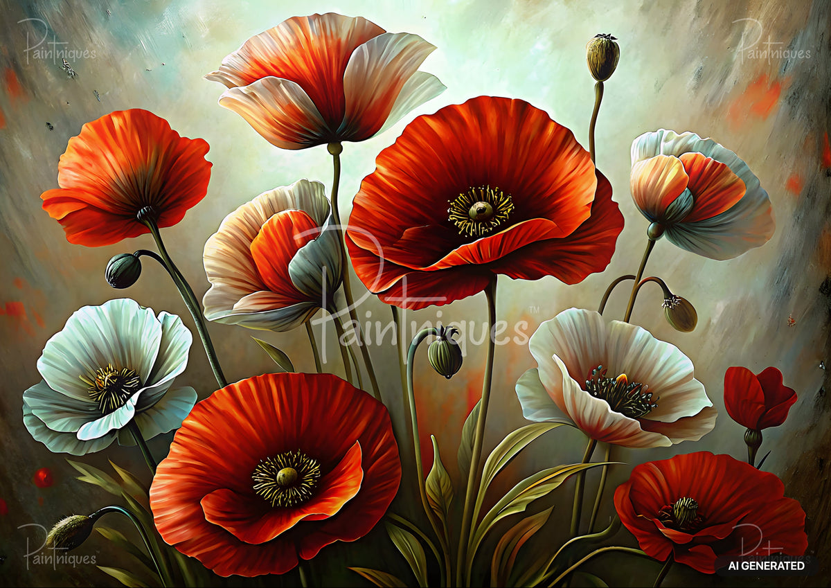 Vibrant watercolor painting of red and white poppies with green stems and buds on a softly painted background.