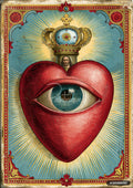 Red heart with an eye in the center, crowned, above a bust of Jesus. Gold rays radiate from behind the heart.