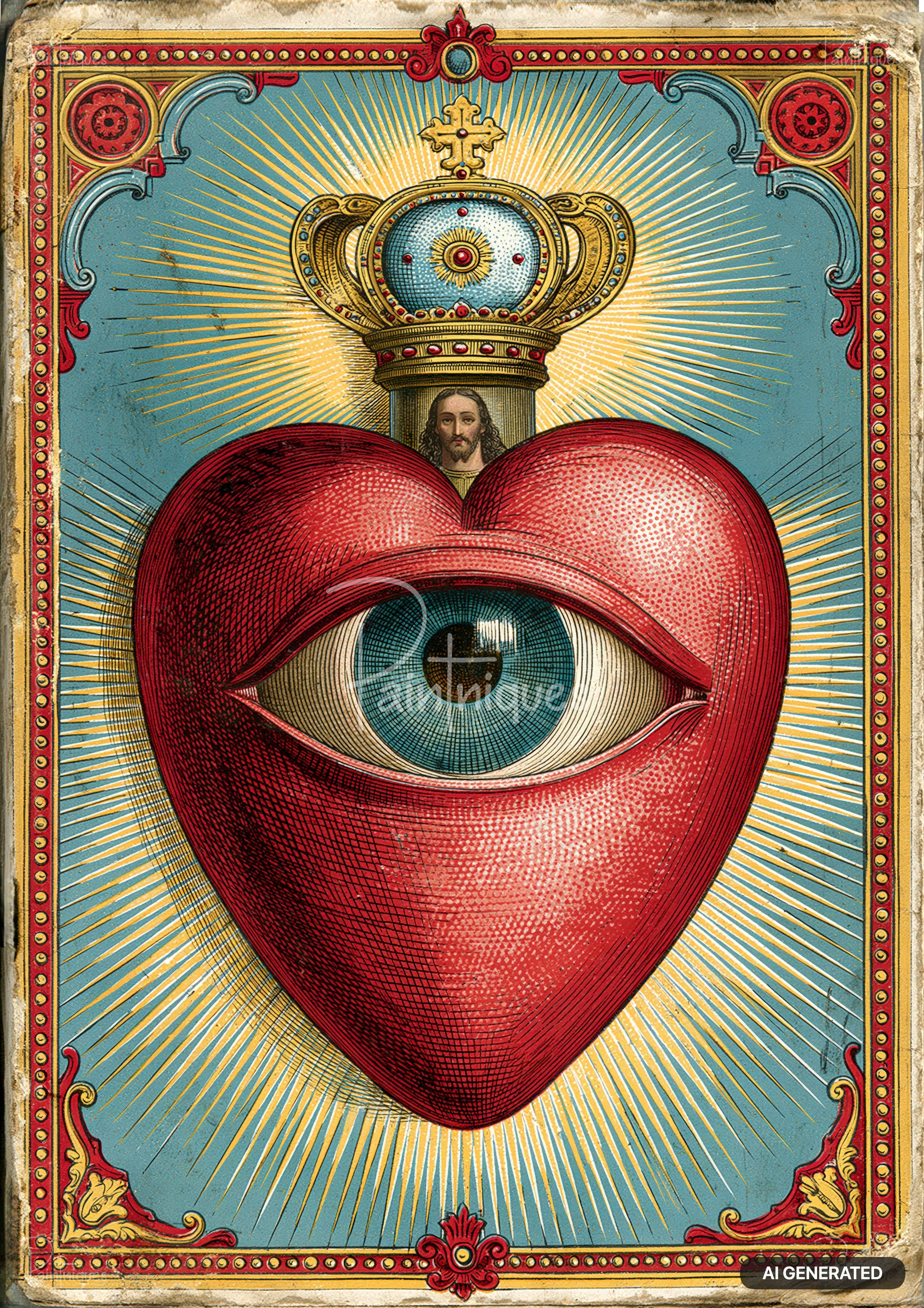 Red heart with an eye in the center, crowned, above a bust of Jesus. Gold rays radiate from behind the heart.