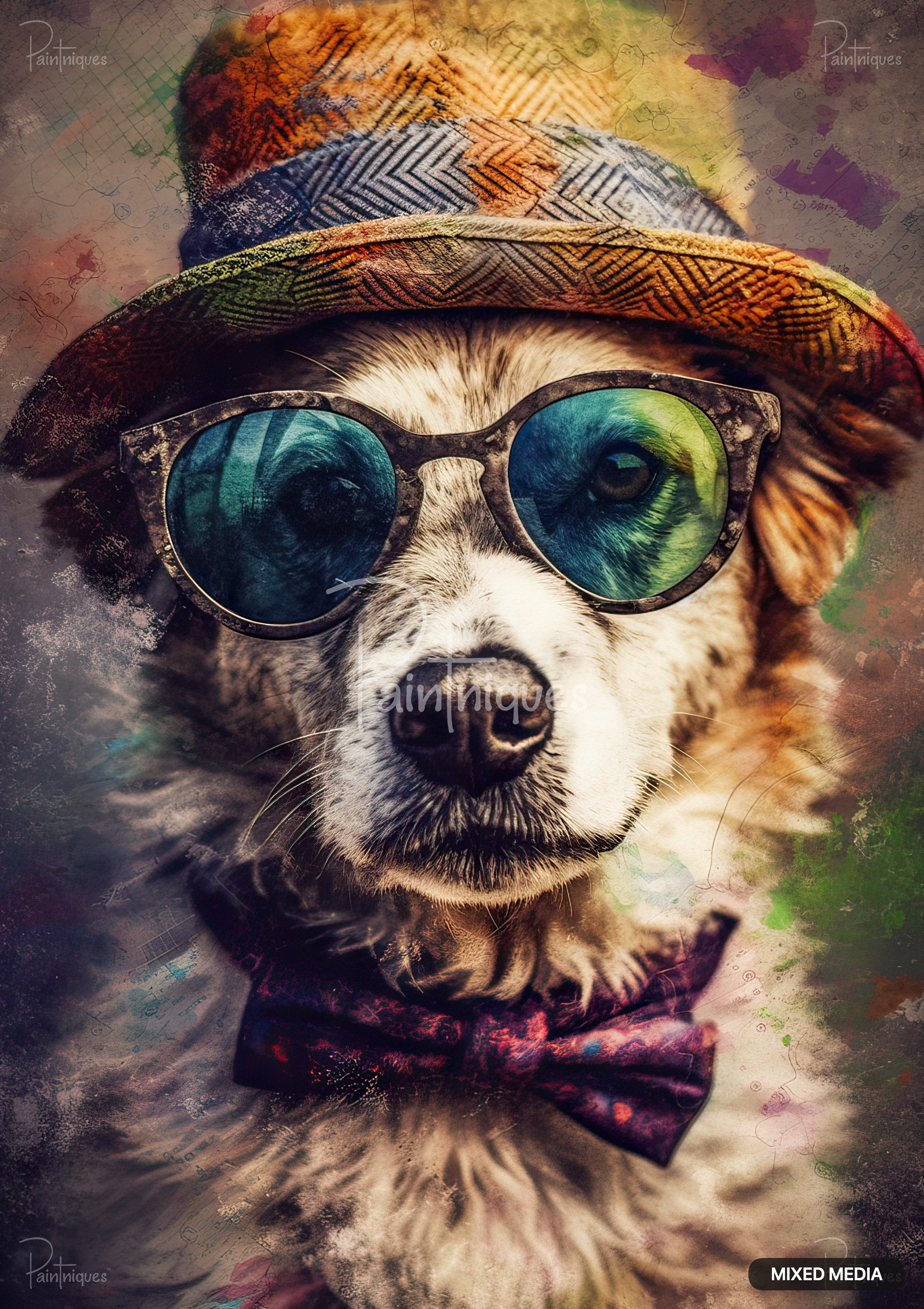 A dog with white and brown fur, wearing a textured hat, sunglasses with blue lenses, and a purple bow tie.