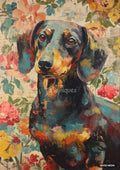 Abstract painting of a black and tan dachshund with brown eyes, set against a background of colorful flowers.