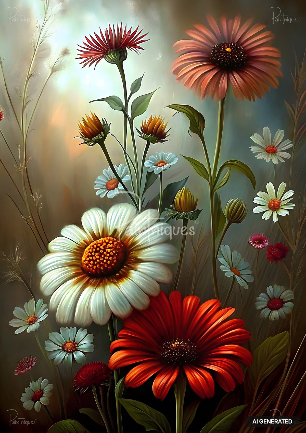 An arrangement of red, orange, white, and pink daisy-like flowers with green stems against a blurry background.