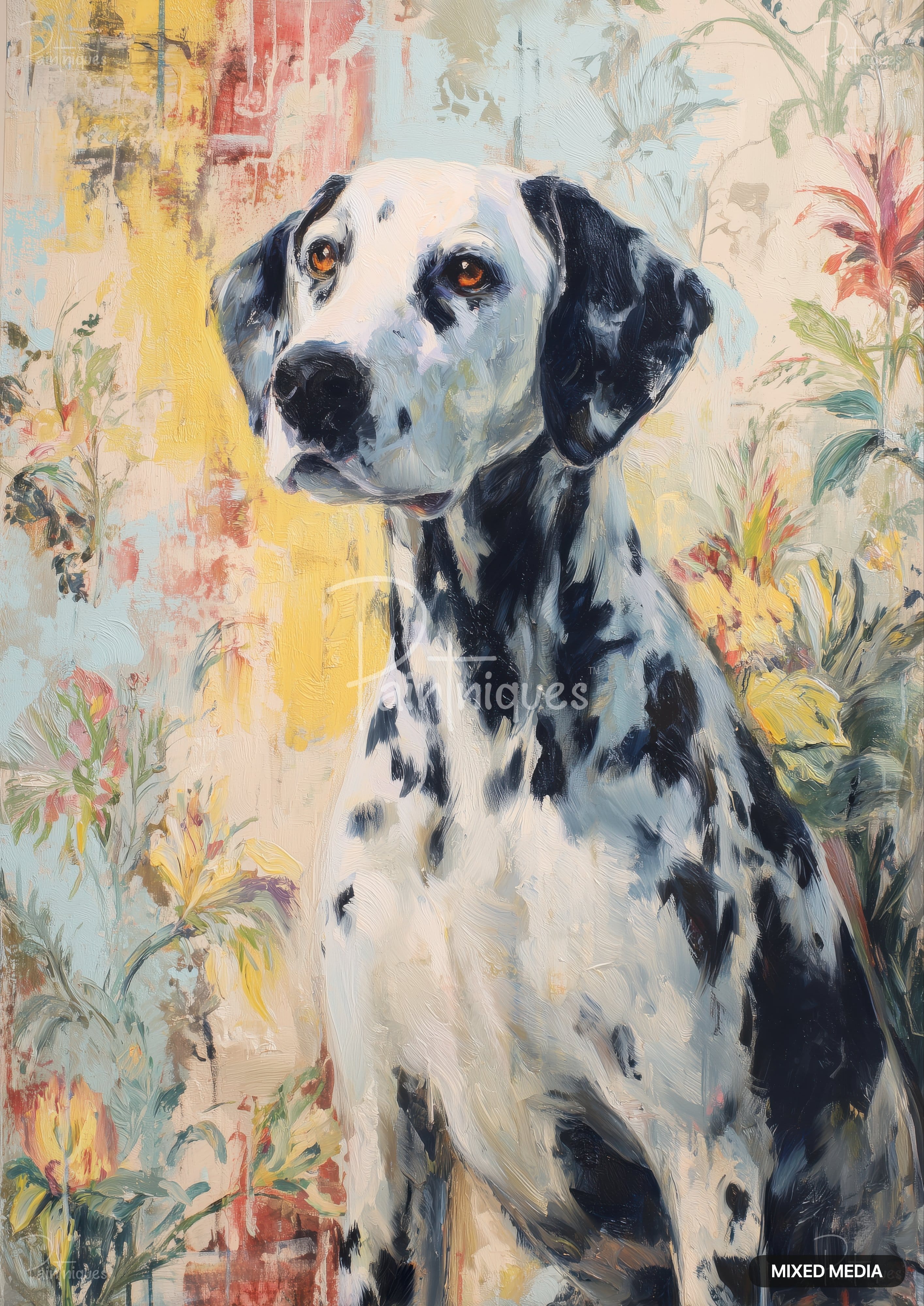 A dalmatian with dark spots and amber eyes, looking forward, against an abstract floral background.