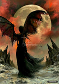 Dark-winged figure standing before a large full moon, with a red and orange sky and jagged peaks.