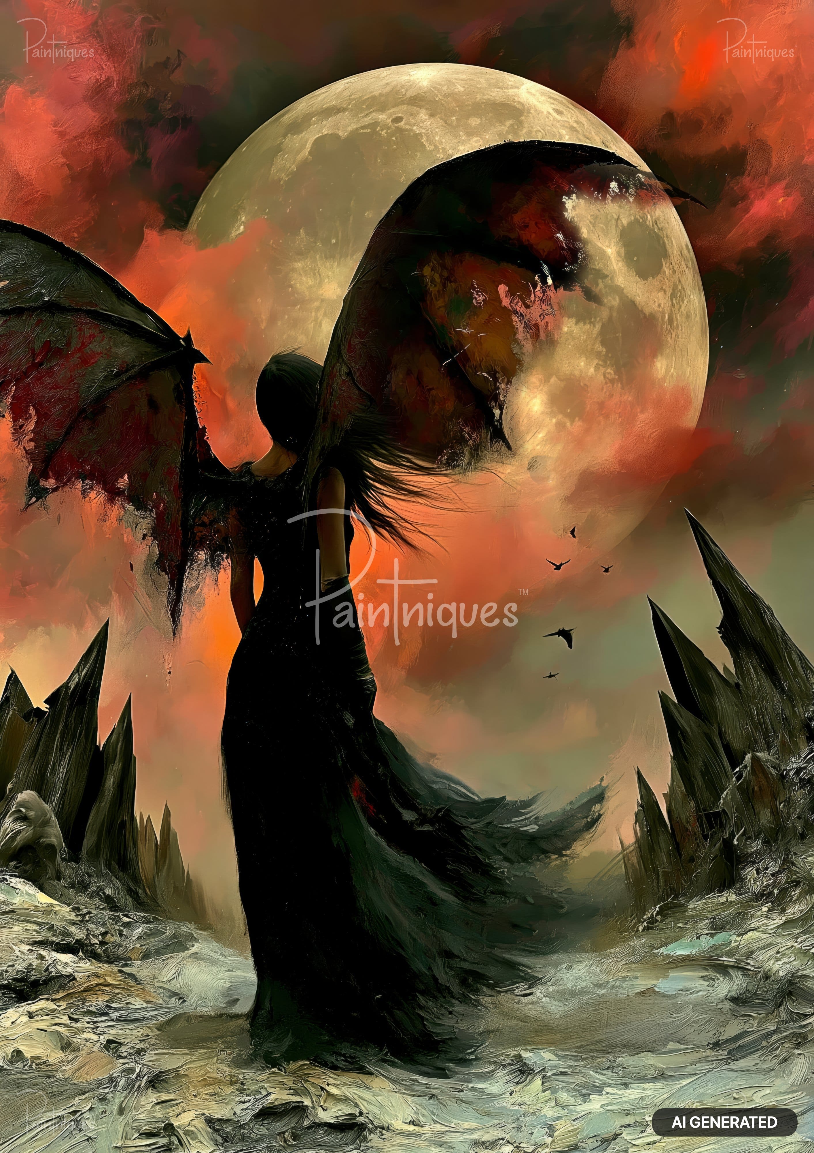 Dark-winged figure standing before a large full moon, with a red and orange sky and jagged peaks.