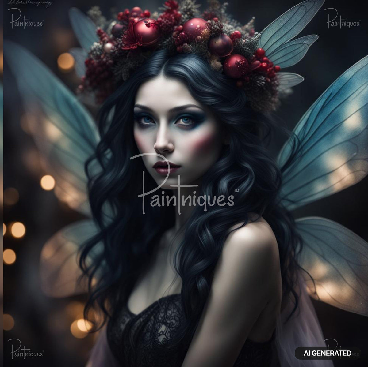 A fairy with long dark hair, translucent wings, and a festive red berry crown against glowing bokeh lights.