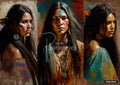 Three painted portraits of women with long dark hair, wearing traditional clothing and jewelry.
