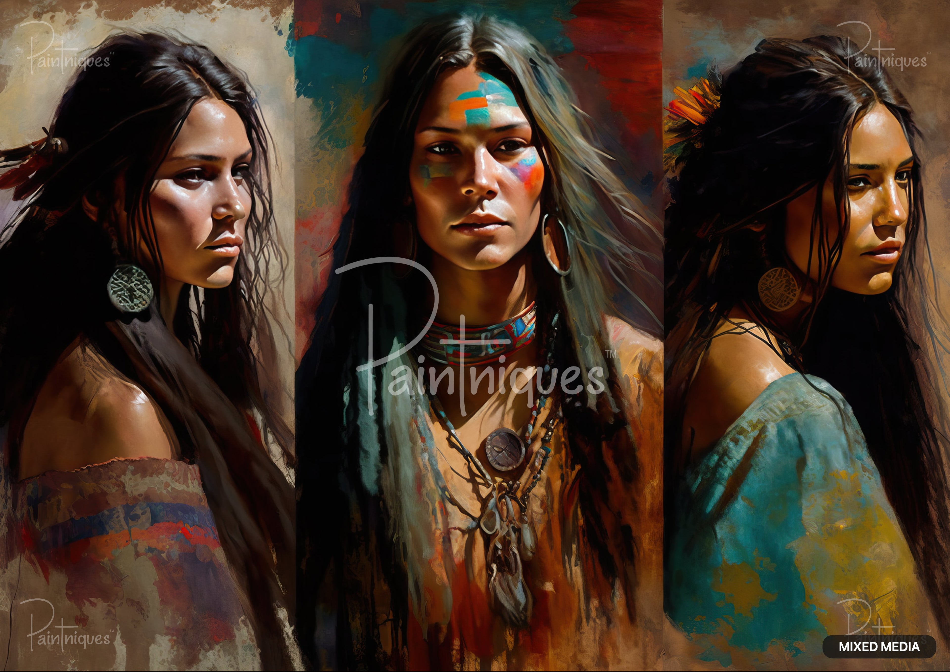 Three painted portraits of women with long dark hair, wearing traditional clothing and jewelry.