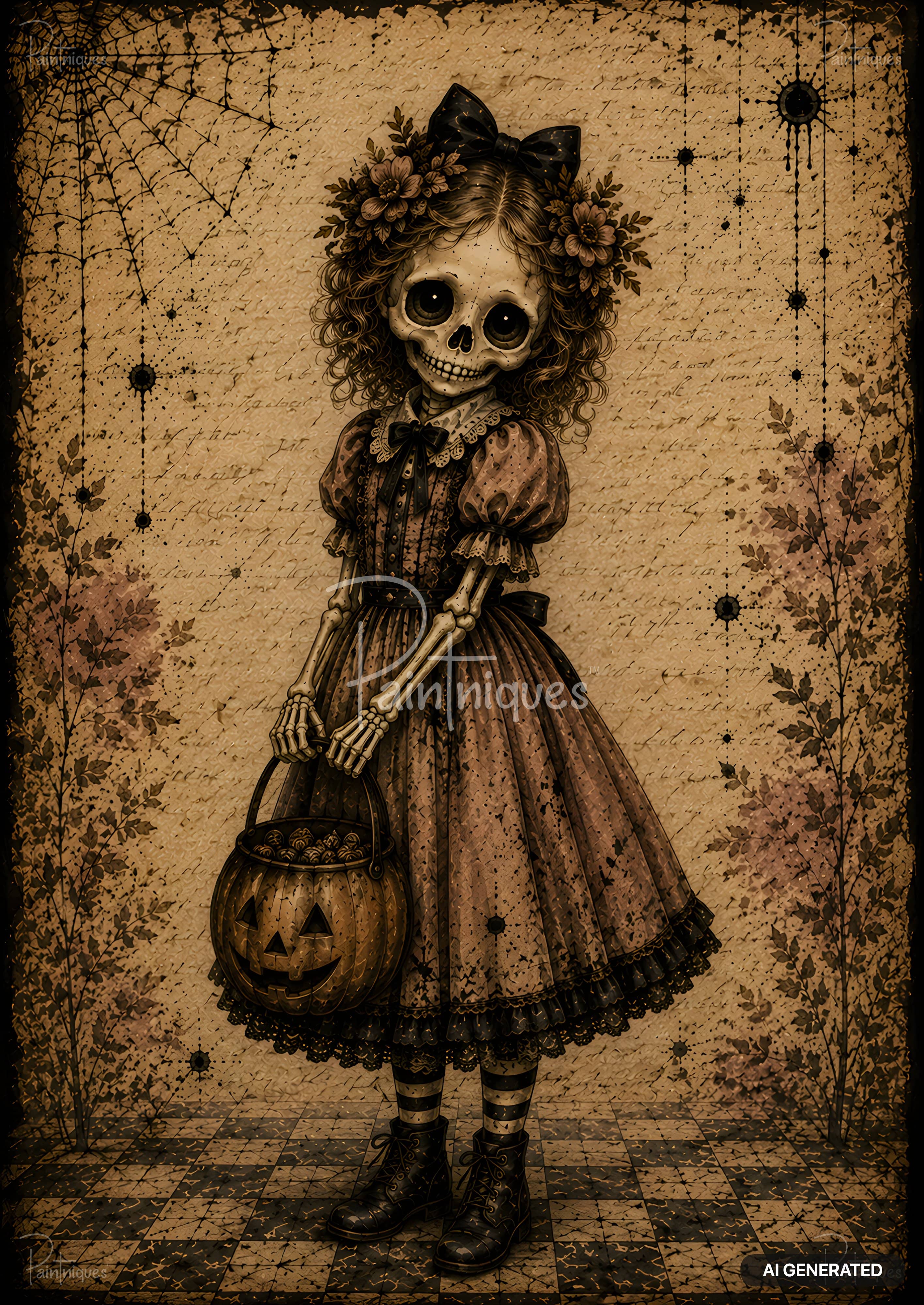 Vintage illustration of a skeleton girl in a Victorian dress, holding a jack-o'-lantern, on a textured, aged background.