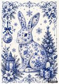 A Delft blue and white patterned rabbit in a festive, winter-themed setting with intricate floral borders.