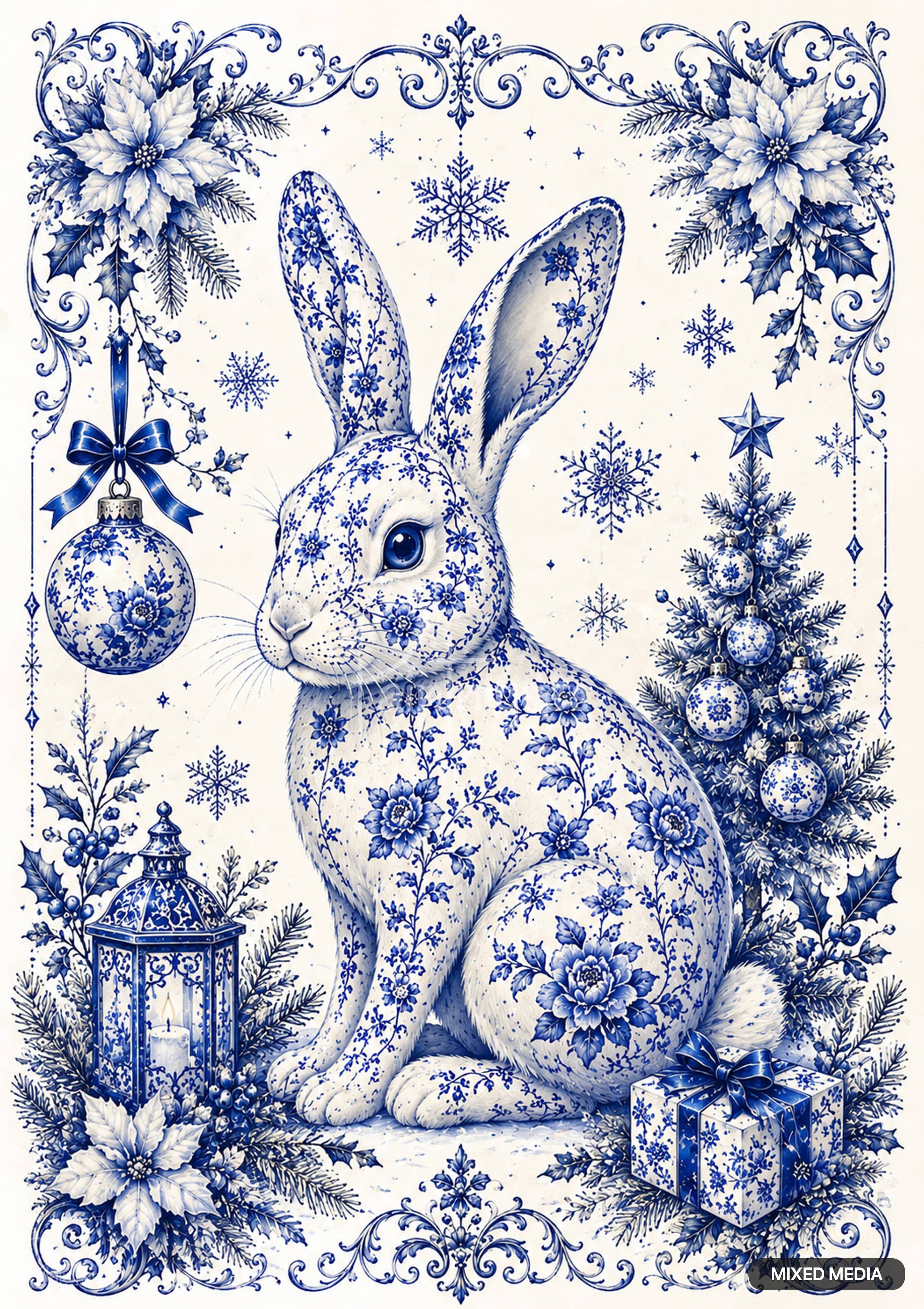 A Delft blue and white patterned rabbit in a festive, winter-themed setting with intricate floral borders.