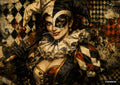 Textured art of a harlequin woman with black and white hat, mask, frilly collar, and harlequin patterned background.