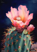 A vibrant pink cactus flower with a white center blooms from a green, spiny cactus pad. A smaller bud is beside it.