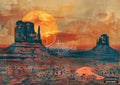 Stylized desert landscape with dark blue mesas and an orange, full sun against a textured orange and gold sky.