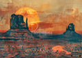 Textured art of two desert mesas under a large orange sun, with warm orange and cool teal hues.