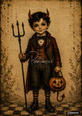 A young boy in a devil costume, wearing horns, holding a trident and a jack-o'-lantern, on a vintage paper background.