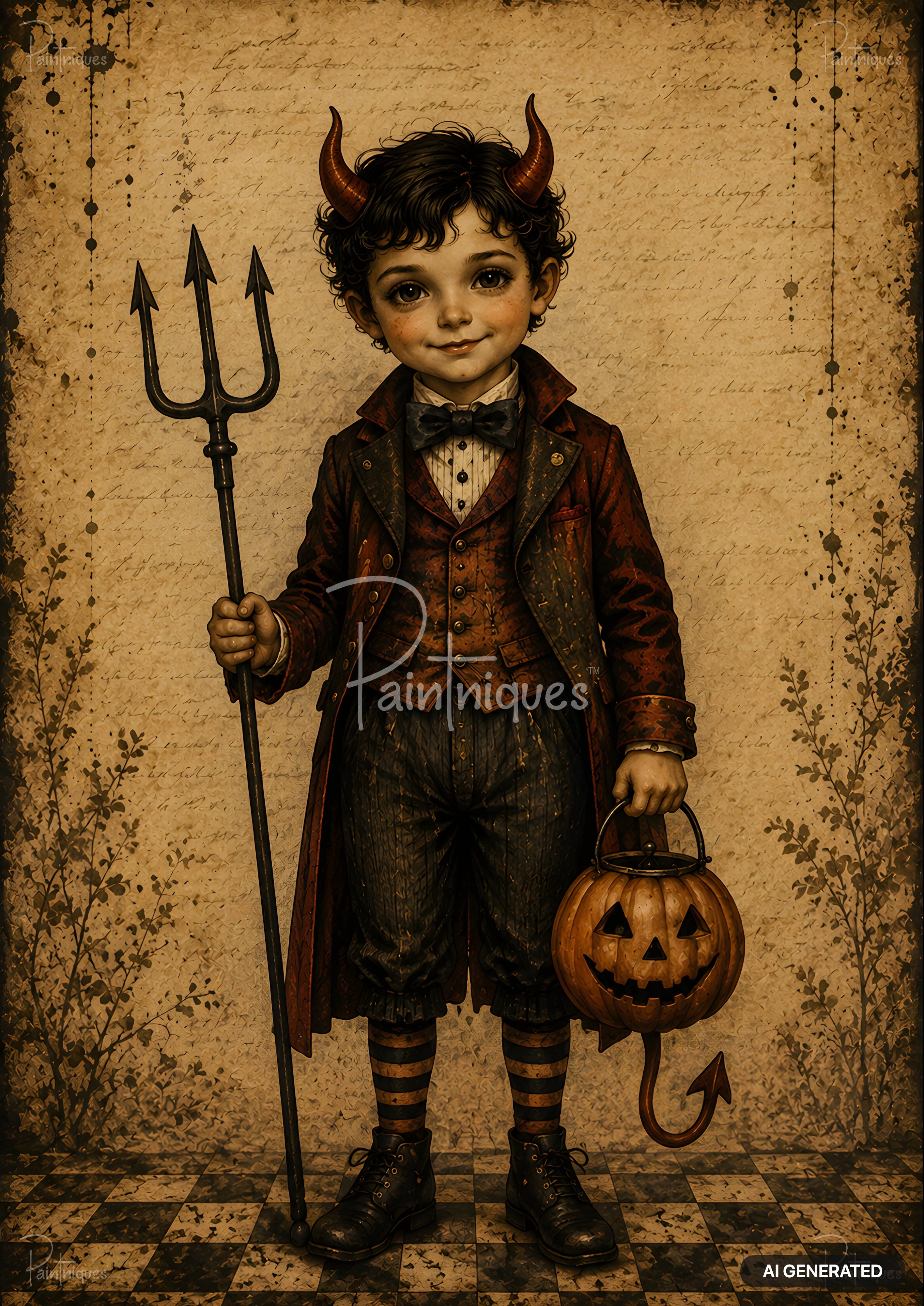 A young boy in a devil costume, wearing horns, holding a trident and a jack-o'-lantern, on a vintage paper background.