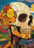 Textured painting of a floral skull, facing right, with bold outlines and a rich palette.