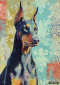 Painting of a Doberman Pinscher on an abstract background with damask patterns and brushstrokes.